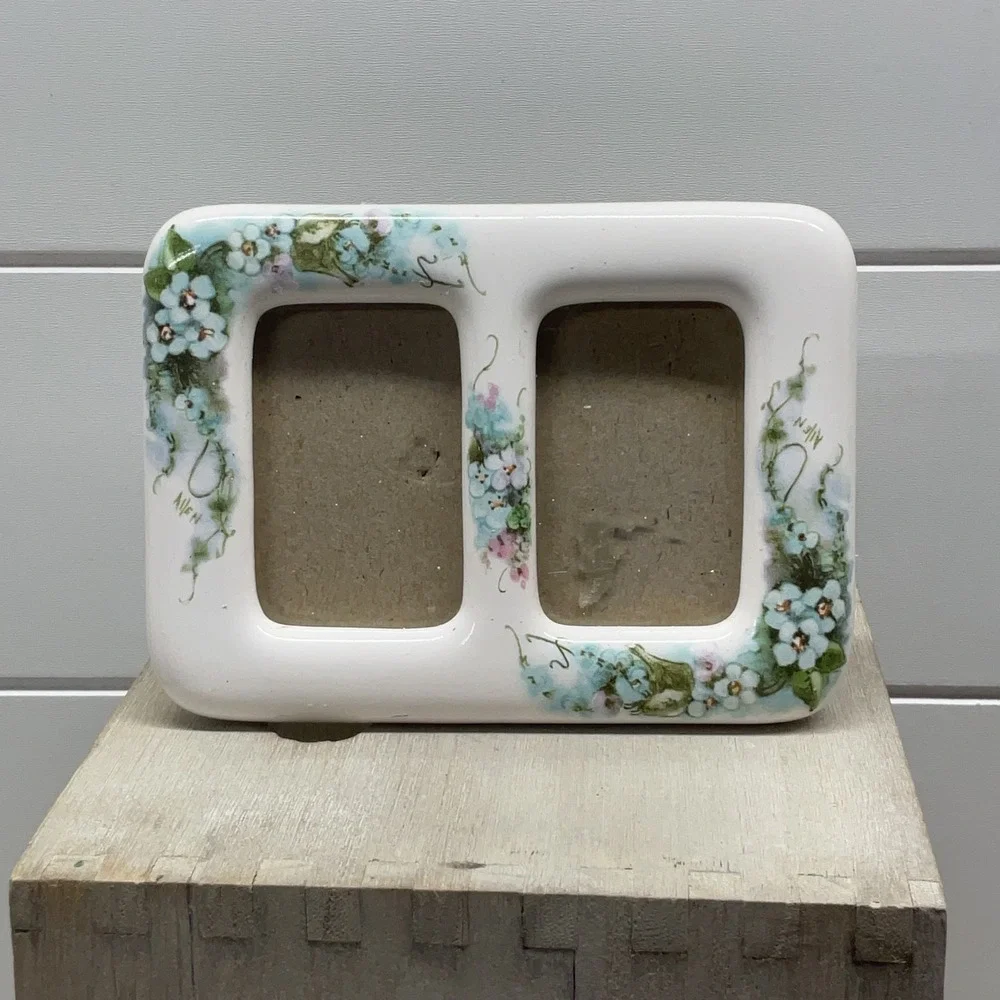 Vintage 1987 Terragrafics Ceramic Double Picture Frame Blue Floral Hand Painted